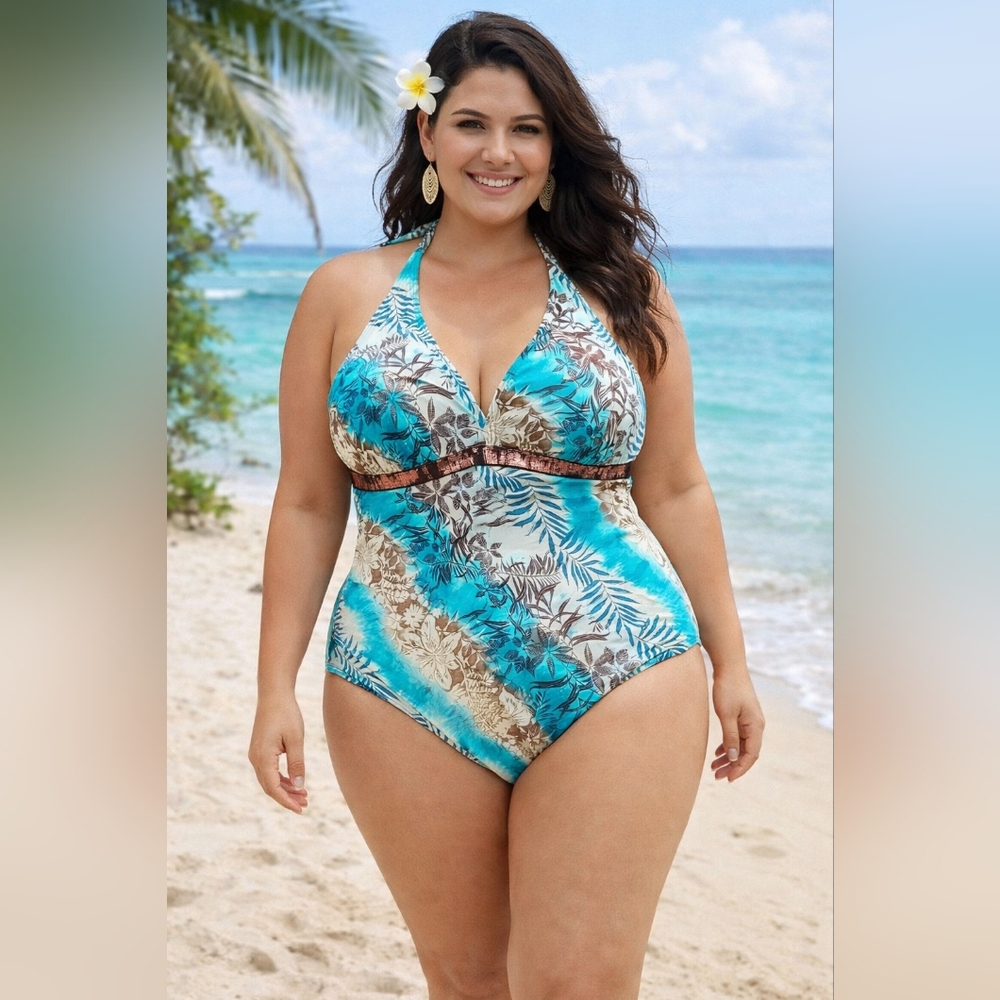 NWT Lane Bryant Venezia Sport Tropical One Piece Halter Swimsuit - Size 20W/2X